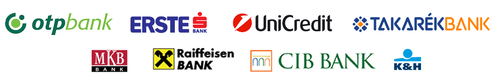 Partner bankok logói: OTP Bank, Erste Bank, UniCredit, Takarékbank, MKB Bank, Raiffeisen Bank, CIB Bank, K&H Bank
