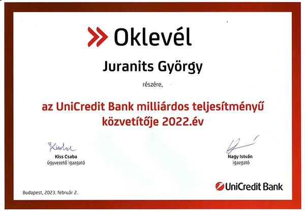 UniCredit Bank 2022 elismerés